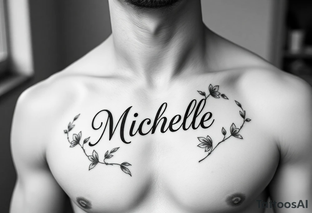 Design a tattoo for a man’s chest of a woman’s name Michelle to be placed over his heart. Make the tattoo tasteful and elegant. Incorporate Irish wildflowers tattoo idea