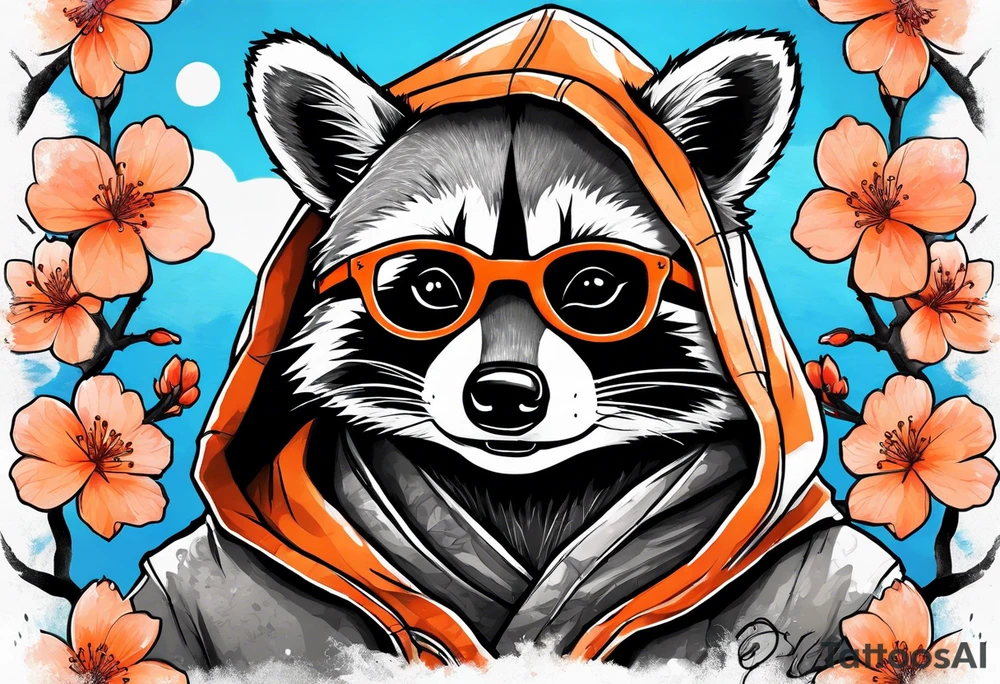 raccoon wearing a black and white Superman hoodie and orange Japanese cherry blossoms tattoo idea