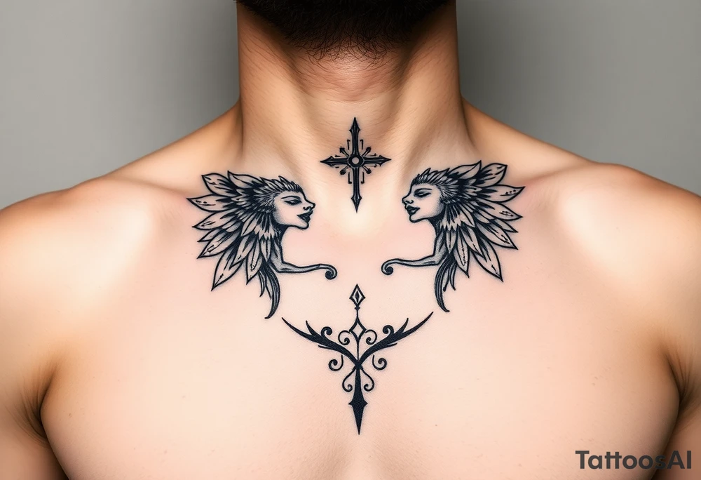 Gemini laugh now cry later feminine tattoo chest tattoo idea