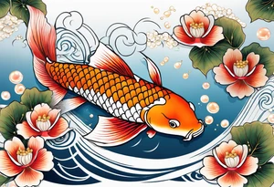 koi fish with a little narrow body, elongated fins, trimmed with pearls, ginko leaves around tattoo idea