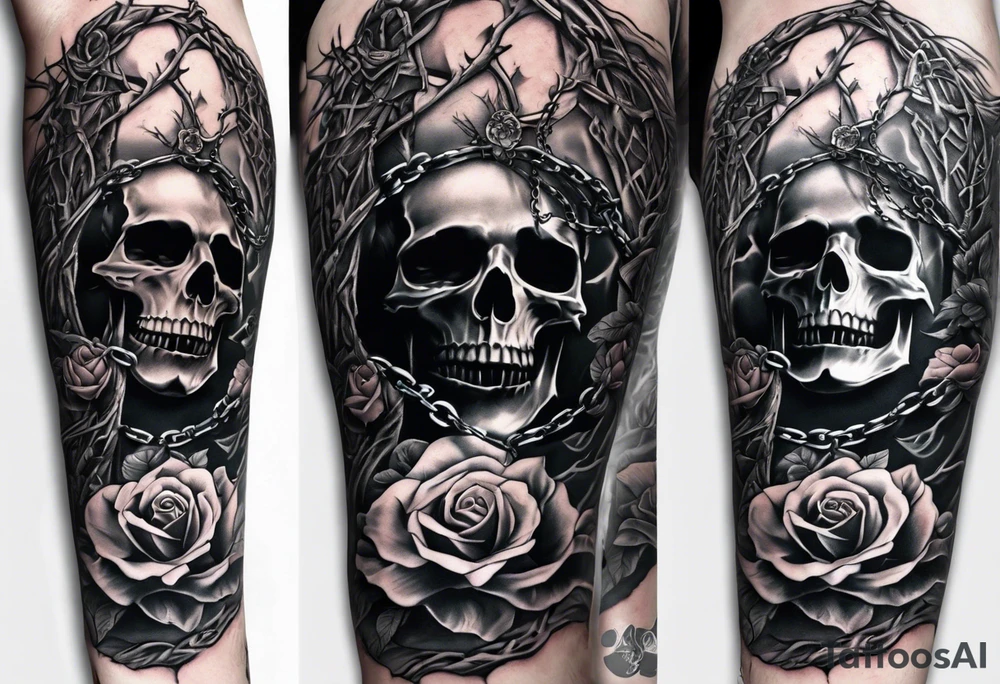tattoo fool sleeve, dark gothic castle, tree roots break out of the chains, broken mask, roses tattoo idea