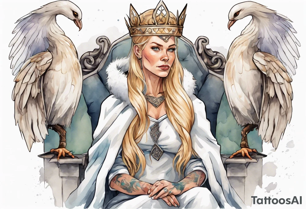 a 40-year-old Viking queen with blonde hair wearing a white fur cloak sitting on a throne with a dove on her shoulder tattoo idea