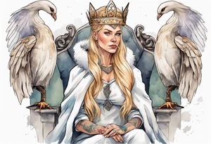 a 40-year-old Viking queen with blonde hair wearing a white fur cloak sitting on a throne with a dove on her shoulder tattoo idea