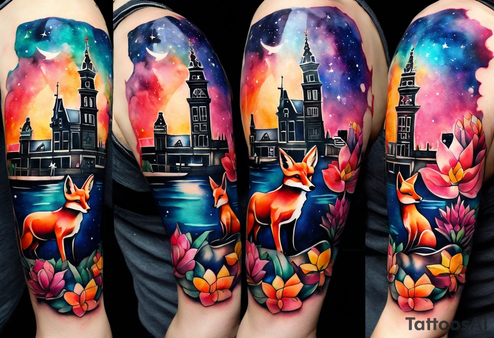Arm tattoo, Animals, birds, stag, fox, watercolour of animals made from glass in Amsterdam featuring Amsterdam buildings and Amsterdam canal in galaxy colours featuring pineapples as space colours tattoo idea