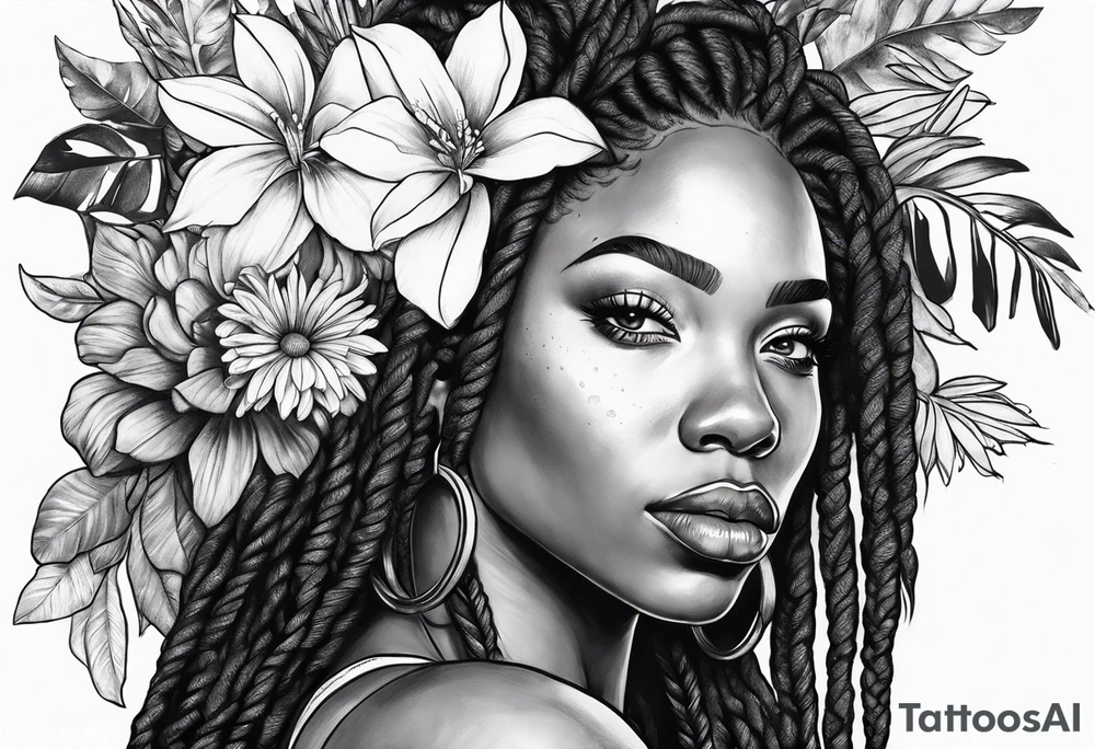 Black Woman with locs and flowers tattoo idea