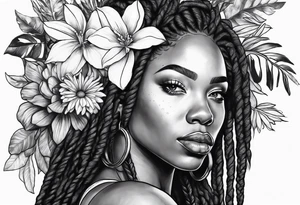 Black Woman with locs and flowers tattoo idea