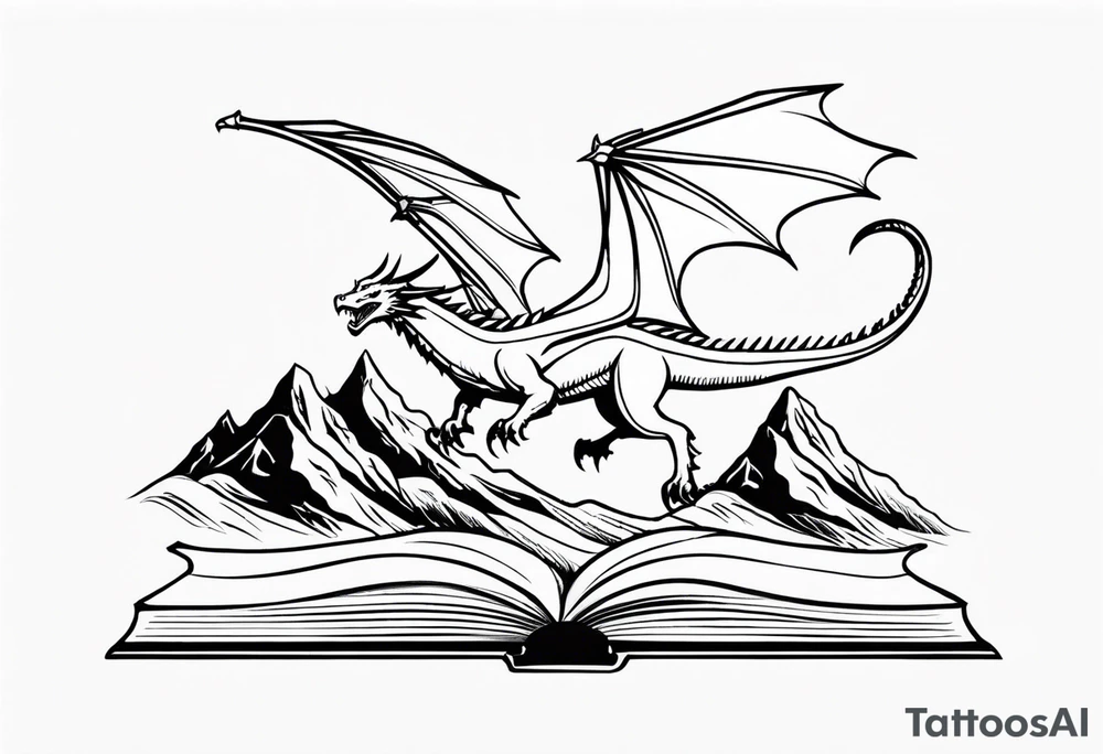 an open fairy book. a dragon with scales and four legs flying in the sky. three mountain peaks tattoo idea