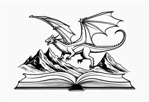 an open fairy book. a dragon with scales and four legs flying in the sky. three mountain peaks tattoo idea