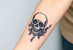 Skull with a snake going through its eyes or mouth include a clock and prickly vines tattoo idea