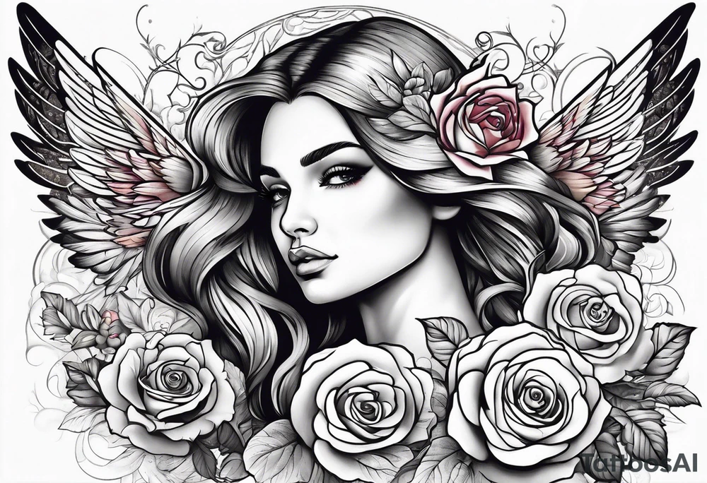 Beautiful woman angle with wings standing surrounded by roses tattoo idea
