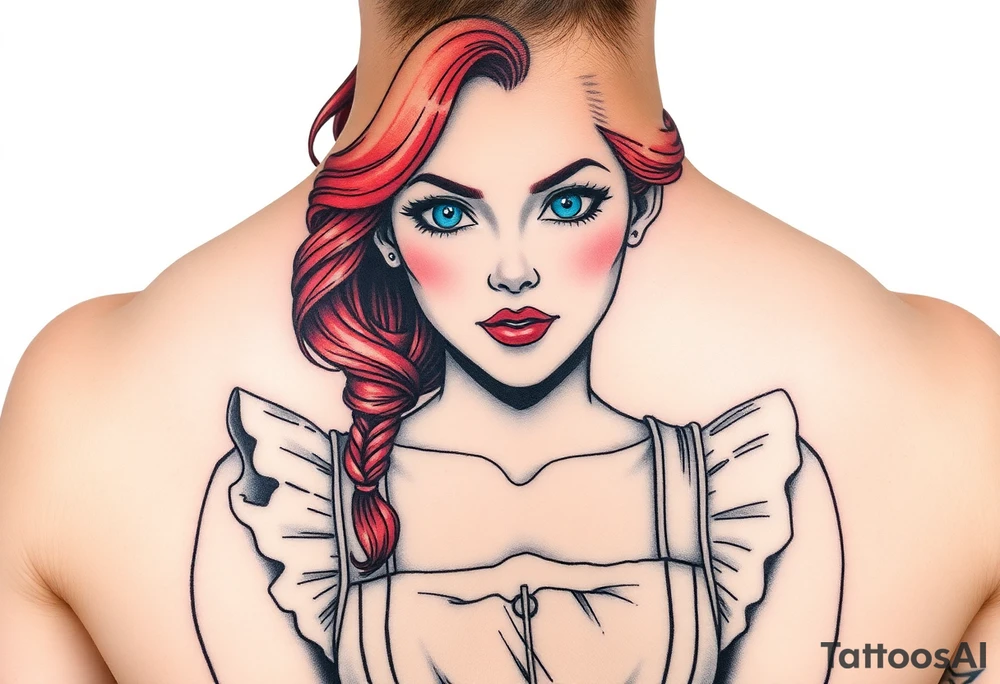 Traditional pin up girl with red hair and blue eyes and wearing a milkmaid maid style dress tattoo idea