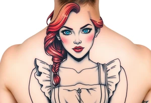 Traditional pin up girl with red hair and blue eyes and wearing a milkmaid maid style dress tattoo idea