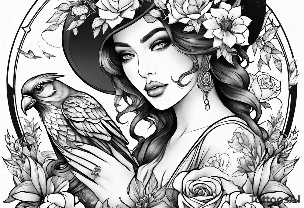 woman holding a book and birds and flowers tattoo idea