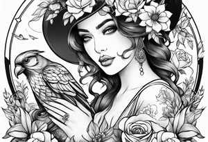 woman holding a book and birds and flowers tattoo idea
