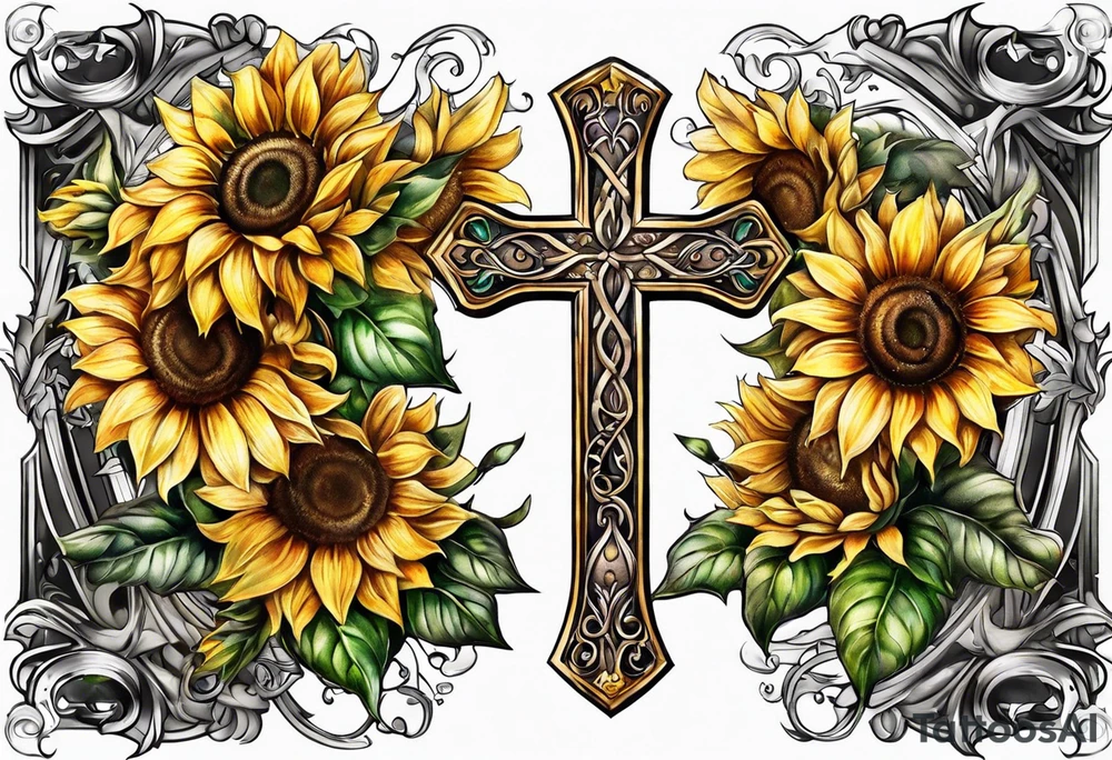 Winged cross with sunflower arm sleeve tattoo idea
