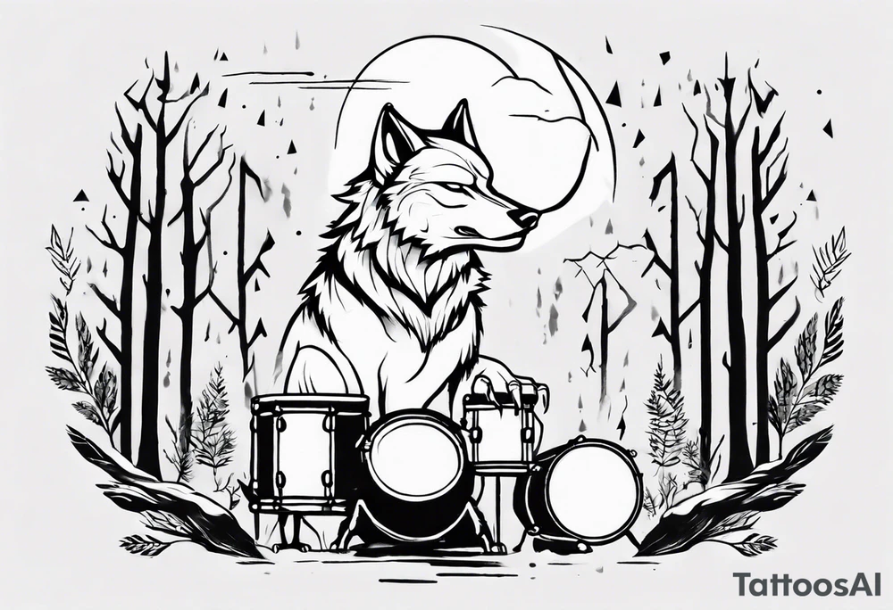 thunderstorm over a forest with a wolf howling on drums tattoo idea thunderstorm over a forest with a wolf howling on drums tattoo idea