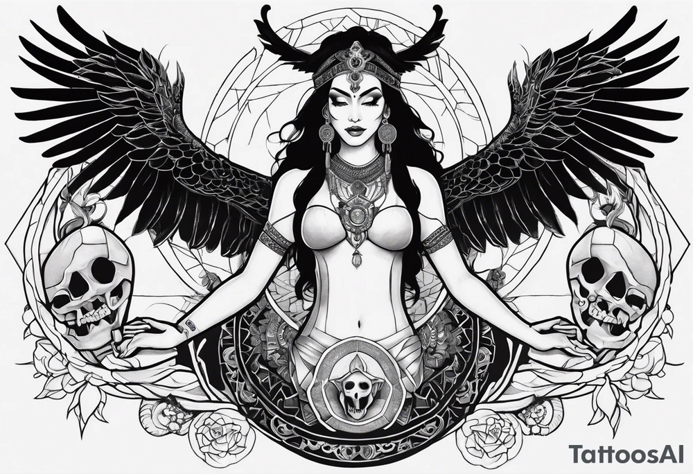 kali ma, alien goddess, valkrye, aries, pirate, divine feminine, zenza resonance, pachamama, lotus azul, blank panther, eagle, skull, 5D, nueva gaya, dna 12, left side chest tatoo tattoo idea