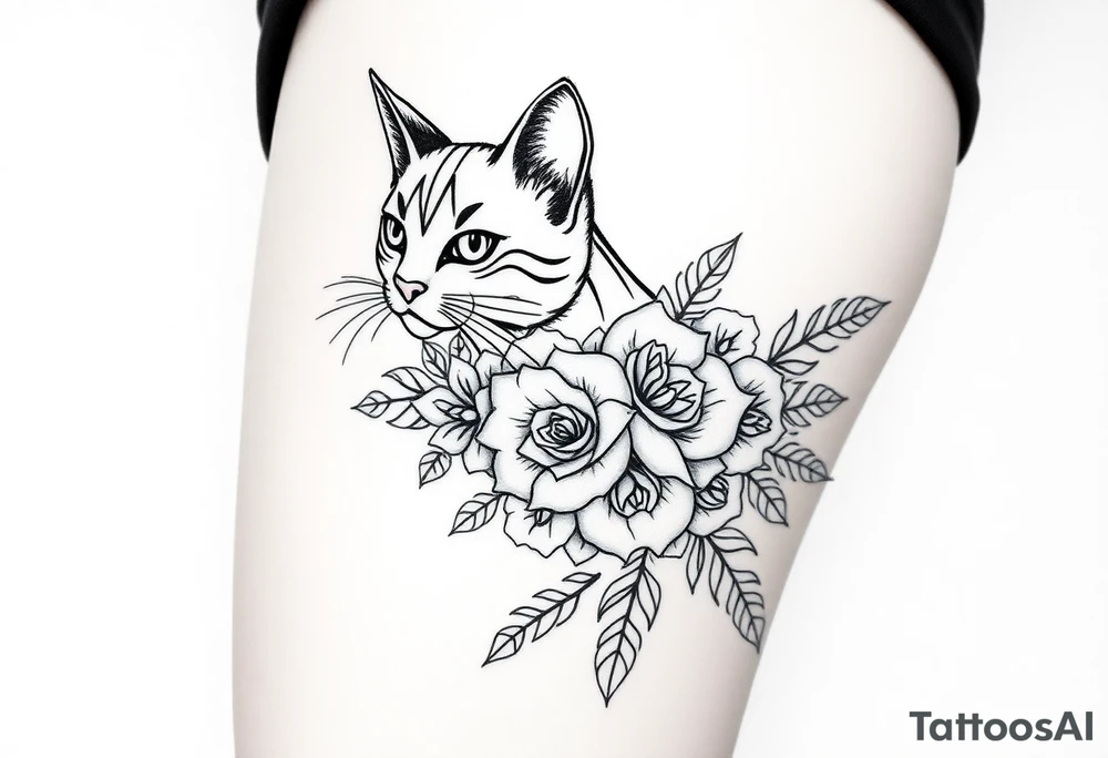 Egyptian cat vintage bouquet of roses and tribal design tattoo idea