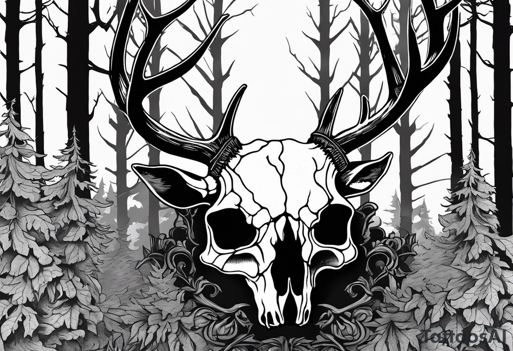 A SCARY side view of a decayed deer skull NO SKIN JUST BONE surrounded by a forest fire in background tattoo idea