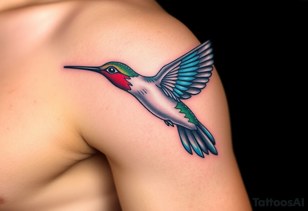 A hummingbird leaving a trail of glowing hieroglyphs as it flies(only red , blue and black are possible colors) tattoo idea
