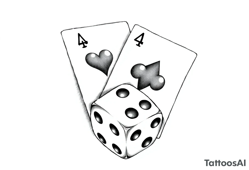 2 of hearts and 4 of hearts playing cards on top of a dice tattoo idea