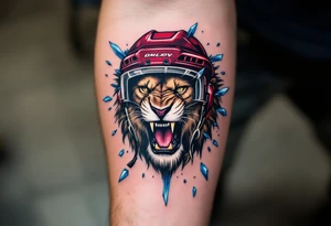 A stylized lion roaring through a maroon hockey helmet, with icy blue shards flying around. tattoo idea