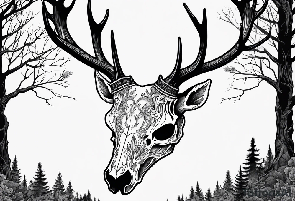 A side view of a decayed deer skull with no skin JUST BONE surrounded by trees and fire tattoo idea