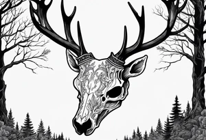 A side view of a decayed deer skull with no skin JUST BONE surrounded by trees and fire tattoo idea