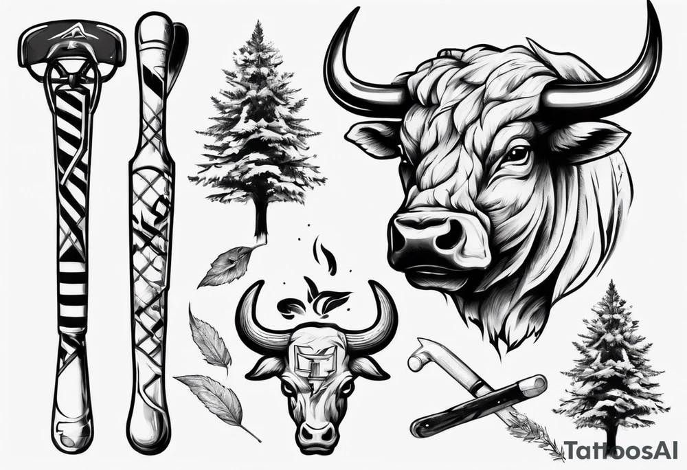 A design that includes a bull head trees and an ice hockey stick tattoo idea