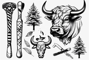 A design that includes a bull head trees and an ice hockey stick tattoo idea