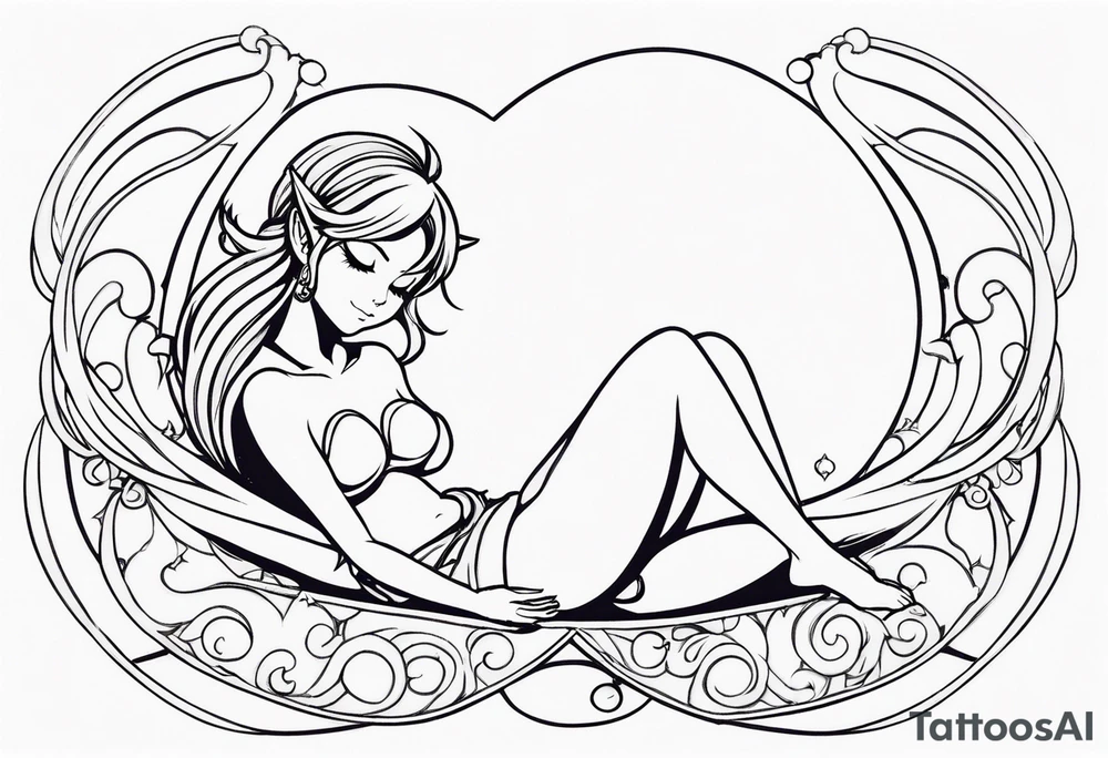 No color fairy with a tail inspired by the logo of the anime show called Fairy Tail in a fetal position leaning in and forward while sleeping tattoo idea