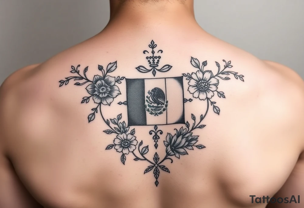 Small, feminine tattoo for placement on my clavical or lower back that reflects new life journey, delicate florals, ornaments and vines. Include Mexican flag and images of Mexican flowers. Style as four tile layout. Can you make it smaller? tattoo idea