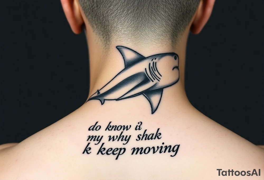 Shark on spine with words “do you know why sharks keep moving” tattoo idea