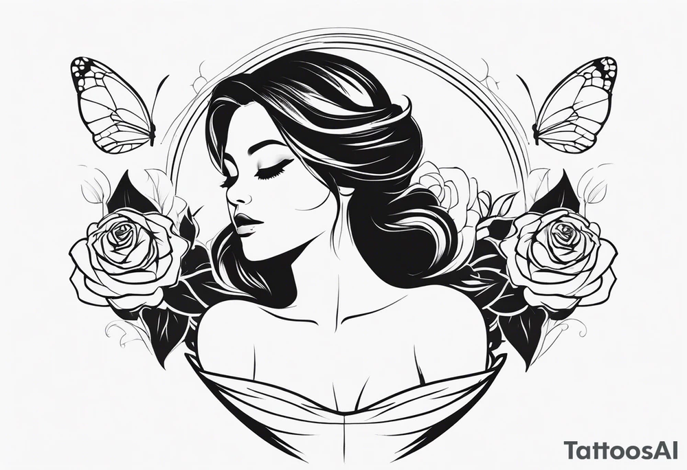 a simple, black minimalist female chest tattoo with a butterfly in the centre and roses elegantly behind it floating elegantly in horizontal position towards the shoulders tattoo idea