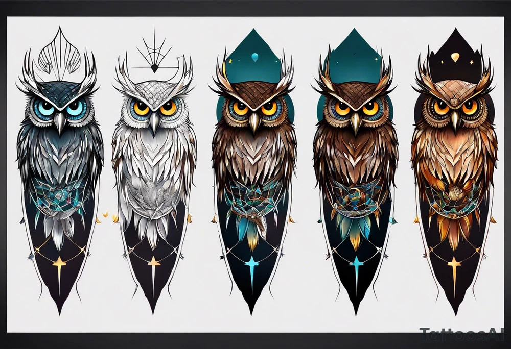 Owl and dreamcatcher back of calf sleeve tattoo idea