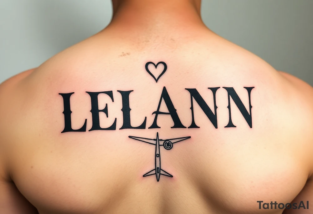 The name LEANN going down with a heart starting at the top and a plane at the bottom tattoo idea