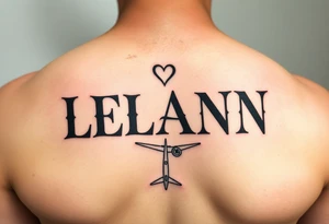 The name LEANN going down with a heart starting at the top and a plane at the bottom tattoo idea