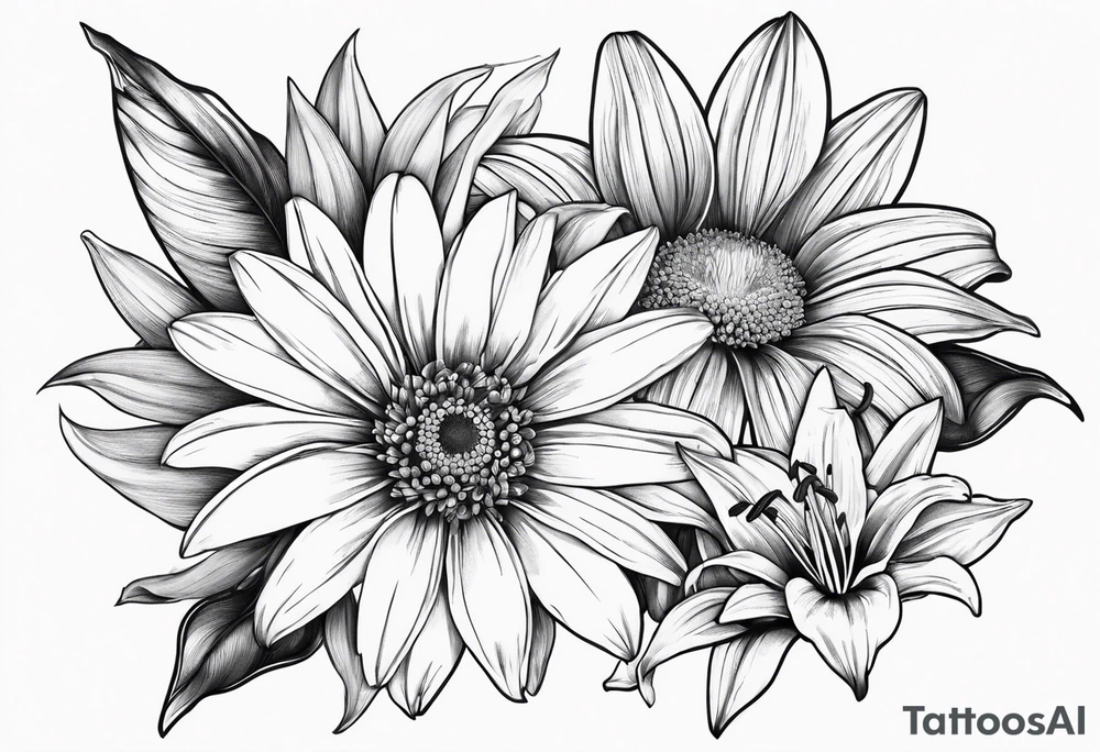 Large daisy flower and large lily flower together with leaves around them no stem tattoo idea