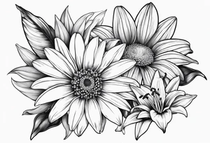 Large daisy flower and large lily flower together with leaves around them no stem tattoo idea