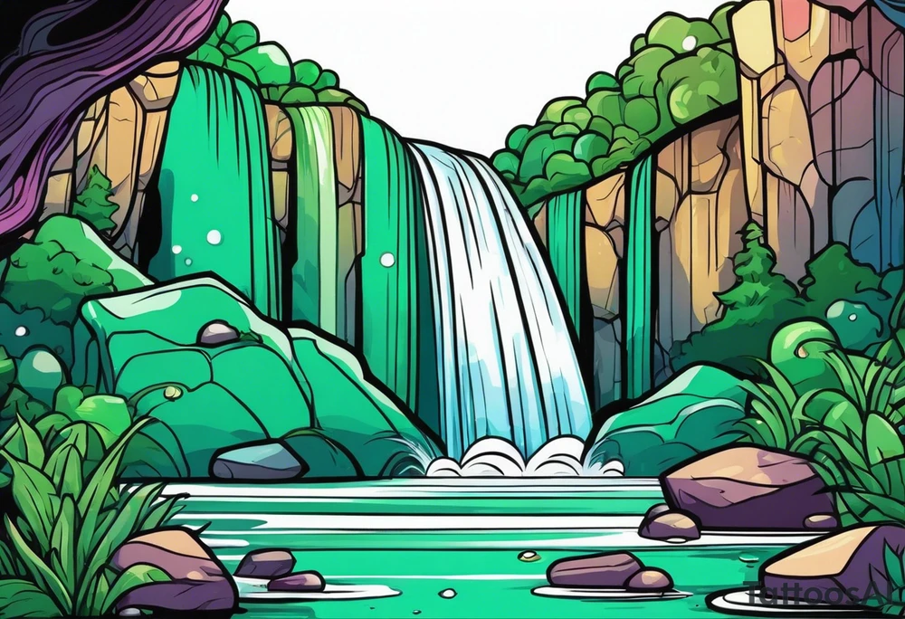 Emerald stones waterfall background tattoo idea