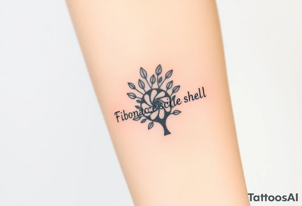 Fibonacci spiral shell inside of tree full of leaves tattoo idea