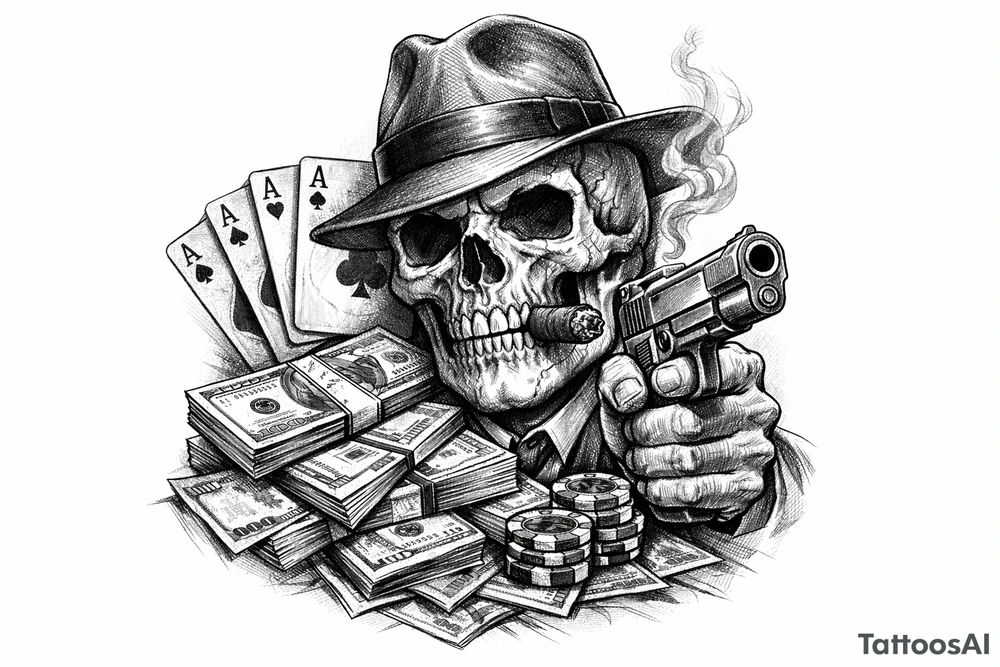 skull with gangster-hat,cigar in his mouth,gun in a hand,playing cards,a lot of money. tattoo idea