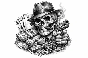 skull with gangster-hat,cigar in his mouth,gun in a hand,playing cards,a lot of money. tattoo idea