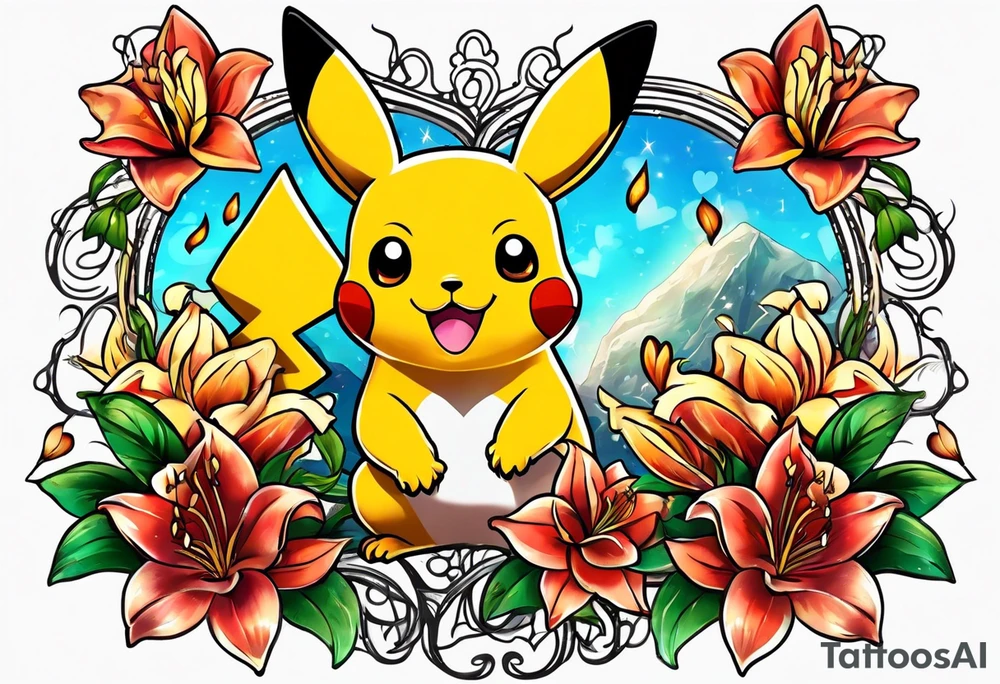 Pickachu and lion with lilies hearts and music notes tattoo idea