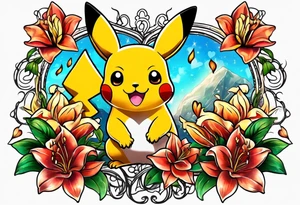 Pickachu and lion with lilies hearts and music notes tattoo idea