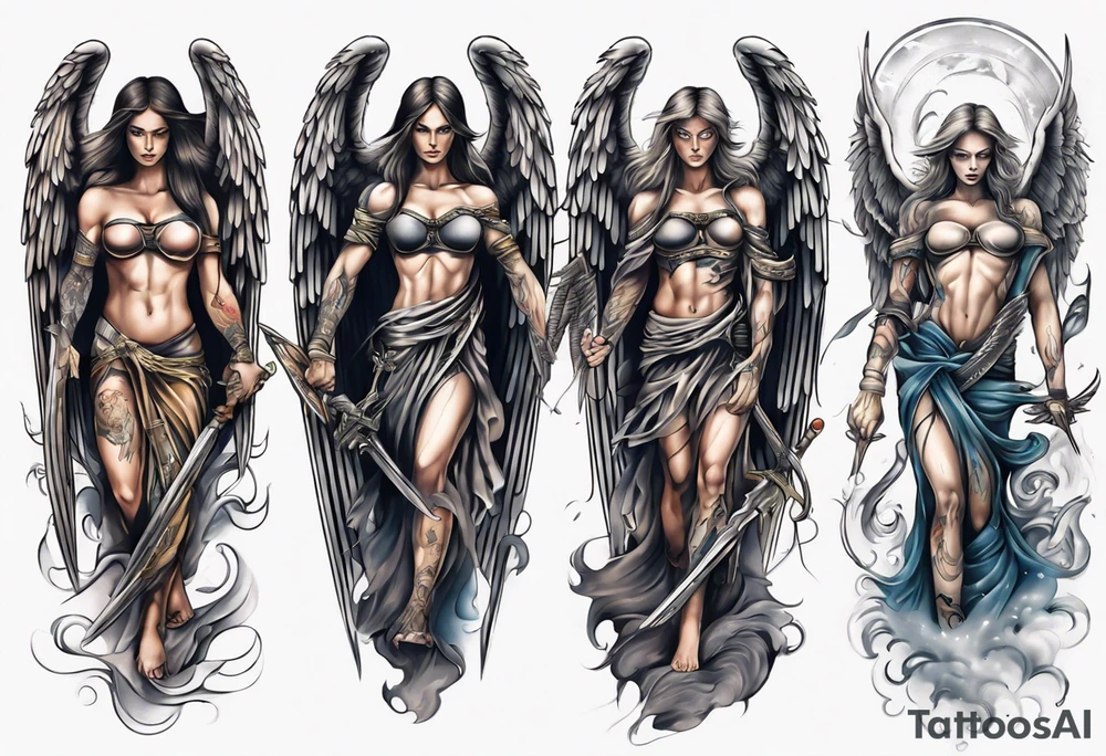 Full arm sleeves with 3 warrior angels on it tattoo idea