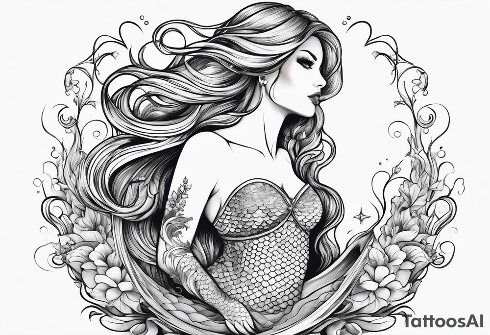 sexy full bodied mermaid with flowing tail and hair, tattoo sleeve tattoo idea