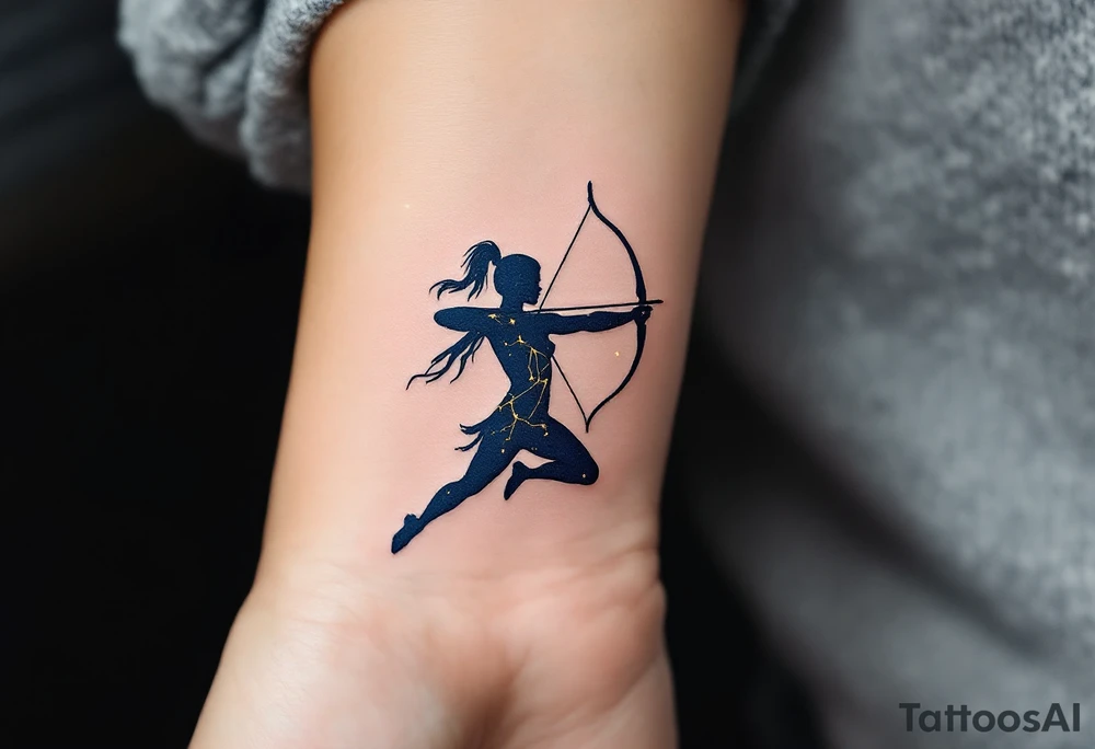 A celestial archer silhouette filled with a golden Sagittarius constellation on a background of deep navy blue. tattoo idea