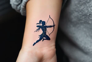 A celestial archer silhouette filled with a golden Sagittarius constellation on a background of deep navy blue. tattoo idea