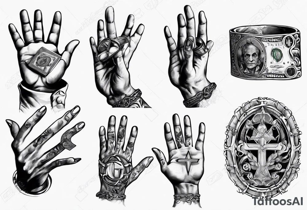 Hands of a praying man with money and rings tattoo idea